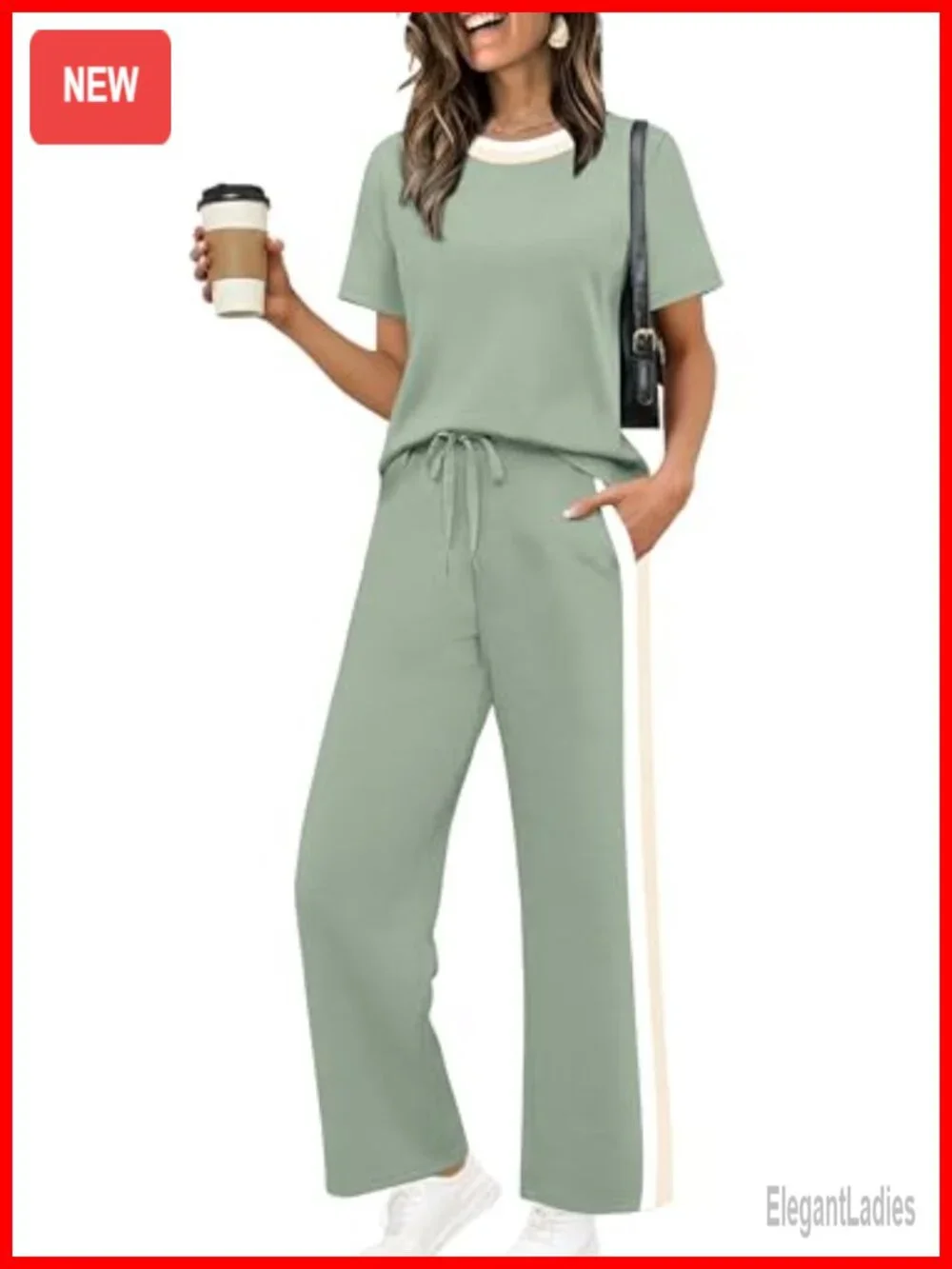 2 Piece Lounge Set Short Sleeve Top Wide Leg Pants with Pockets Matching Set